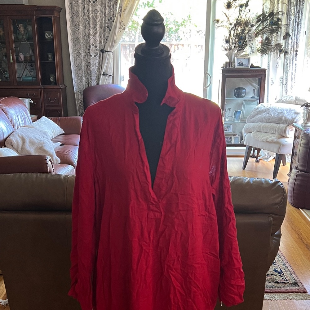 Tahari Red Collared V-Neck Tunic Top dress sun coverup. Beach..